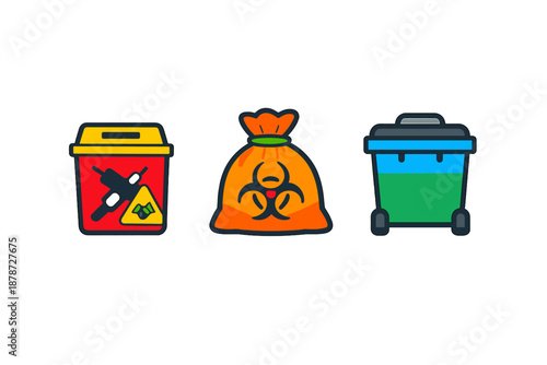 Three different types of trash cans and waste bags.