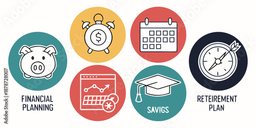 Financial planning icons featuring a piggy bank, clock, calendar, graduation cap, graph, and compass represent personal savings goals and retirement.