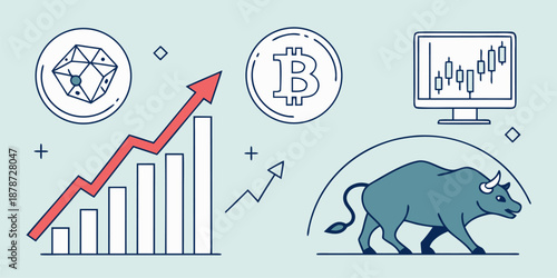 A cryptocurrency concept illustration features a rising bar graph, a bull market symbol, and Bitcoin icons next to a trading screen display.