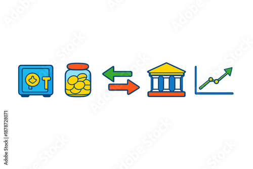 Financial icons representing saving, banking, and growth