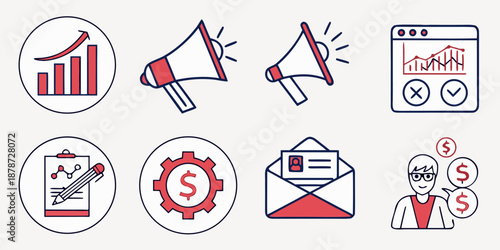 A collection of eight line art icons representing marketing, finance, and business performance indicators is displayed against a white background.