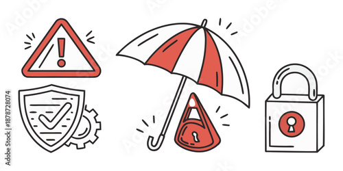 Various security and protection symbols are arranged against a white background including a warning triangle, a shield, an umbrella over a lock, and a separate padlock.