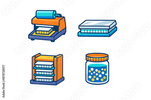 Set of laboratory equipment icons on a dark background