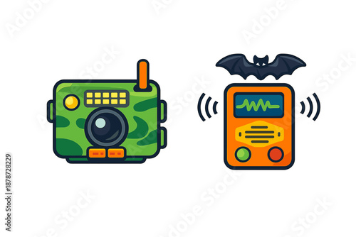 Cartoon icons of a camera and a bat detector