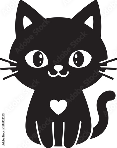 Cute black cat with big eyes and a white heart on its chest illustration isolated on white background