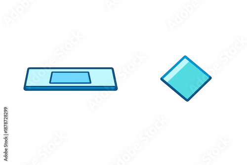 Two glowing blue geometric shapes on a grey background