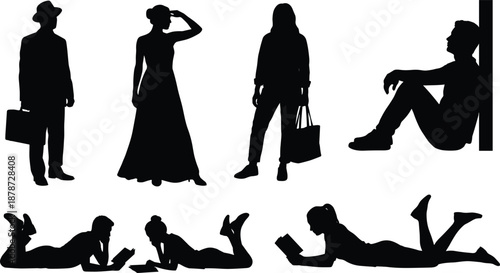 Human silhouette poses with daily activities, reading, sitting, shopping, expressive gestures, black vector set - flat vector illustration