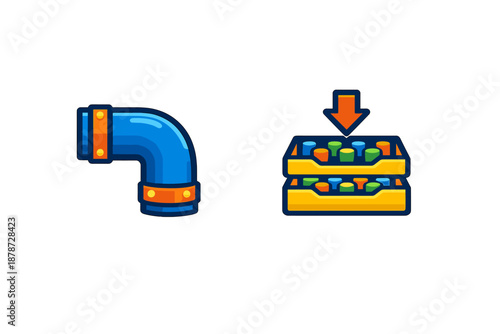 Blue pipe and orange crate with colorful items