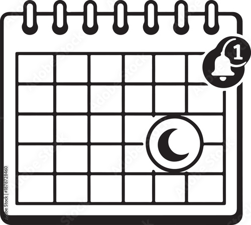 Calendar with notification bell and moon icon illustrating a scheduled event or reminder isolated on white background