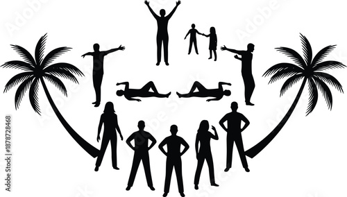 Human silhouettes in tropical scene, palm trees, diverse poses, community interaction, black vector design, beach vibe - flat vector illustration