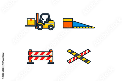 Industrial Icons with Forklift, Ramp, Barrier, and Warning Tape