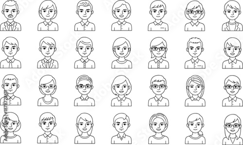 Cartoon avatar silhouettes, diverse facial styles and outfits, character icons for profiles and UI - flat vector illustration