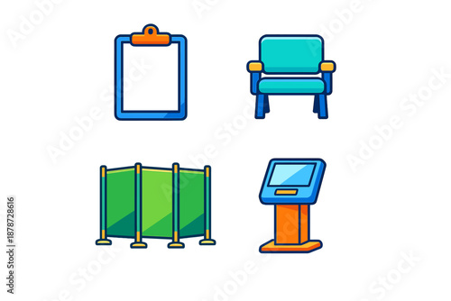Four icons of office and waiting room objects with blue glow