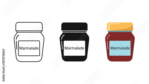 Three marmalade jars in different styles and colors on white background
