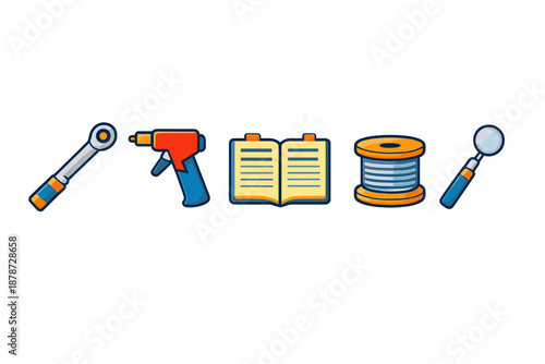 Set of cartoon icons on a gray gradient background