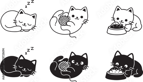 Cute black and white cartoon cats engaged in everyday adorable activities isolated on white background