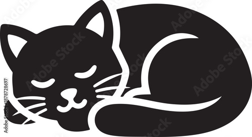 A peacefully sleeping black cat curled up in a comfortable position, a minimalist silhouette design isolated on white background