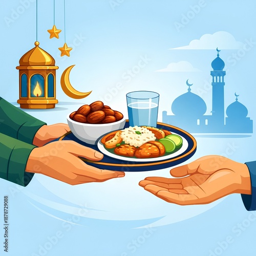 Sharing Iftar Meal During Ramadan with Dates and Water – Flat Vector Illustration