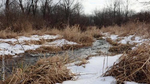 Creek flowing through a meadow, swollen with early springtime thaw