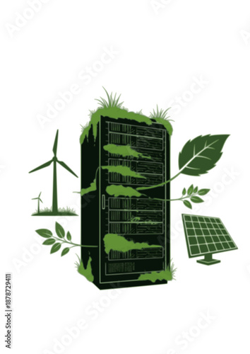 Sustainable Green Data Center Silhouette, Eco Friendly Server Rack with Plants and Moss, Environmental Technology and Net Zero Concept Vector