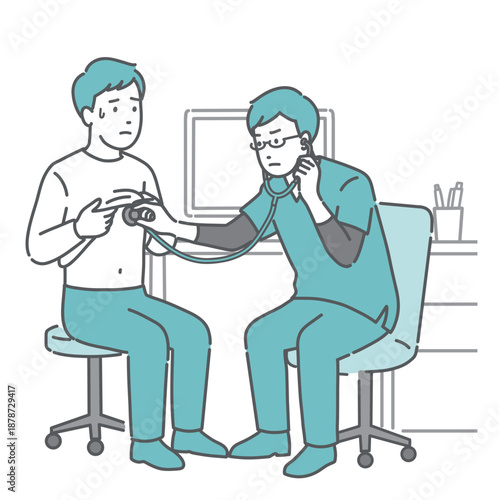 聴診を受ける冷や汗をかいた男性患者と深刻な表情の医師のイラスト