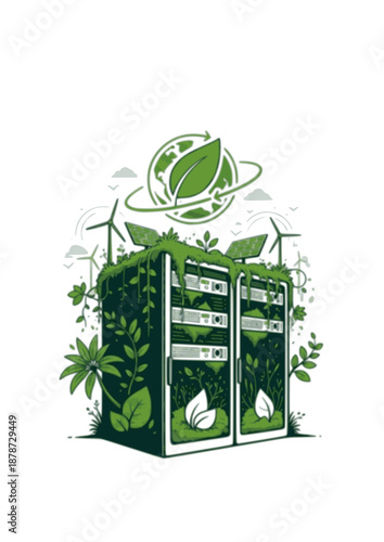 Sustainable Green Data Center Silhouette, Eco Friendly Server Rack with Plants and Moss, Environmental Technology and Net Zero Concept Vector