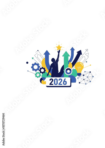 2026 Business Goals Achievement Silhouette, Person Reaching for Success, Creative Vision and Future Planning Surreal Vector Art