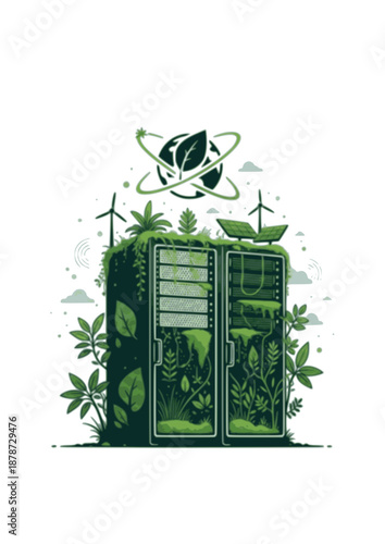 Sustainable Green Data Center Silhouette, Eco Friendly Server Rack with Plants and Moss, Environmental Technology and Net Zero Concept Vector