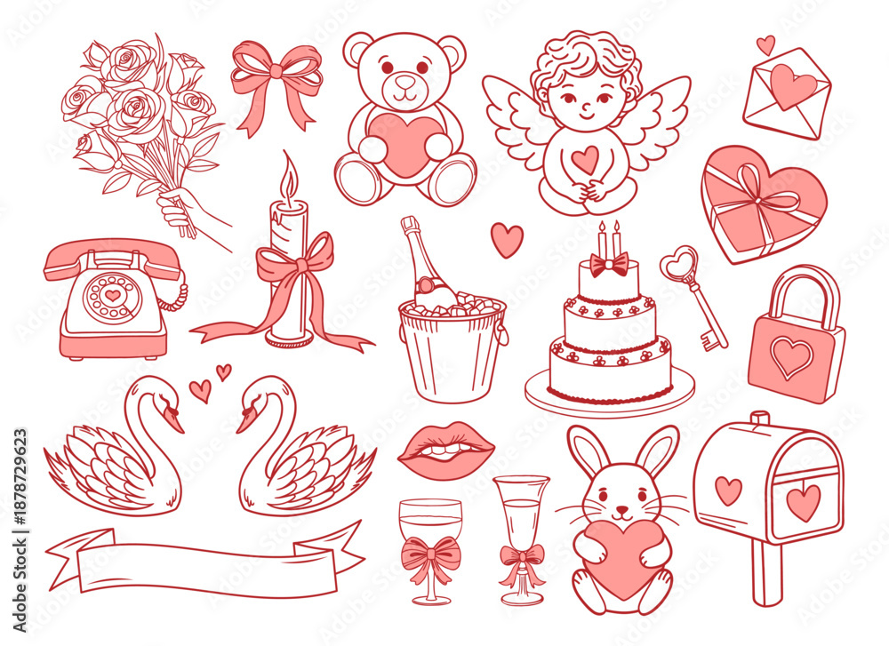 Naklejka premium Sweet Valentines Day line art icons set. Romantic collection of hand drawn love elements.