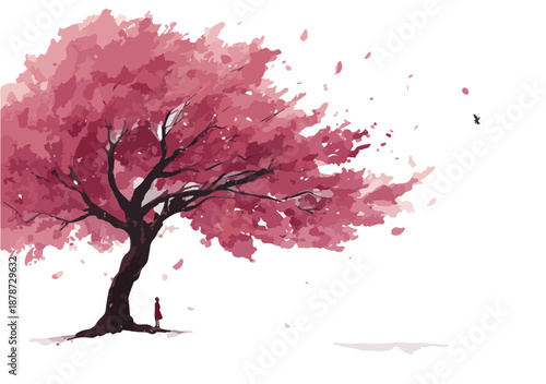 바람에 흩날리는 벚꽃 나무 아래 서 있는 작은 사람, 맑고 투명한 배경