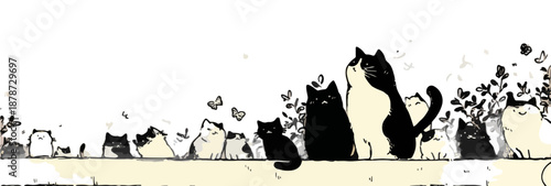 다양한 고양이들이 줄지어 앉아 나비를 바라보며 귀여운 일상을 보내는 모습