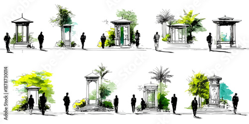다양한 정자 디자인과 녹음이 어우러진 풍경, 투명한 실루엣의 사람들