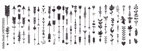 다양한 화살표와 식물 모티브 디자인 요소 세트, 투명한 배경에 검은색 실루엣