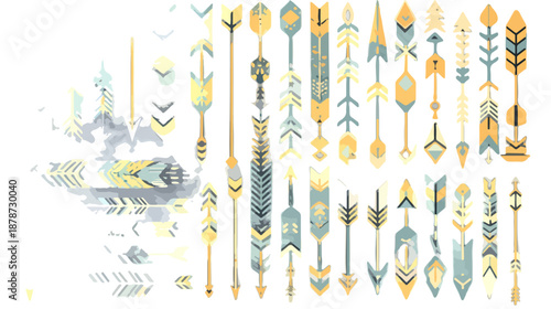 다양한 기하학적 패턴과 부족 스타일 디자인의 화살표 아이콘 세트, 배경 없이 투명하게