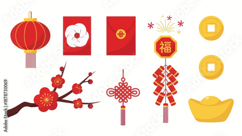 Chinese New Year Symbols: Lantern, Red Envelopes, Firecrackers, Coins, Plum Blossoms, Gold Ingot