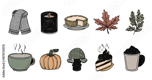 따뜻한 가을과 겨울을 위한 아늑한 요소들의 모음: 담요, 양초, 파이, 단풍잎, 음료, 호박, 버섯, 케이크