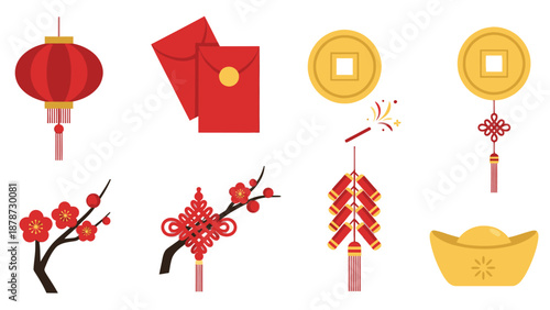 Chinese New Year Icons: Lantern, Envelopes, Coins, Firecrackers, Plum Blossoms, Knots