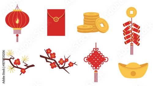 Chinese New Year Decorations: Lantern, Red Envelope, Coins, Firecrackers, Plum Blossoms