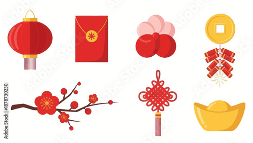 Chinese New Year Icons: Red Lantern, Envelopes, Firecrackers, Lucky Knot, Gold Ingot, Blossoms