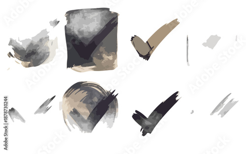 다양한 붓 터치 기법으로 표현된 체크 표시 및 획, 투명한 배경에 추상적인 그래픽 요소