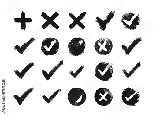 다양한 굵기의 붓 터치로 표현된 긍정 및 부정 기호, 투명한 배경에 그려진 체크 표시와 엑스 표시