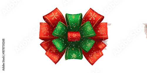 빨간색과 녹색 리본으로 장식된 반짝이는 눈송이 패턴의 크리스마스 리본