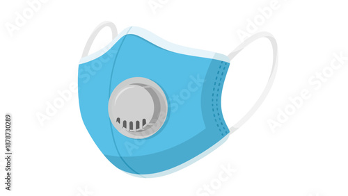 Blue face mask with a circular gray valve on a white background