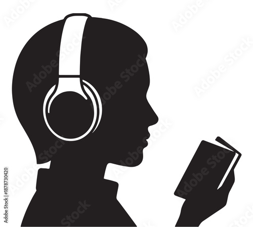 Silhouette of a person wearing headphones and reading a book on white background