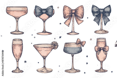 다양한 칵테일 잔과 리본 장식이 있는 축하 일러스트, 투명하고 반짝이는 효과
