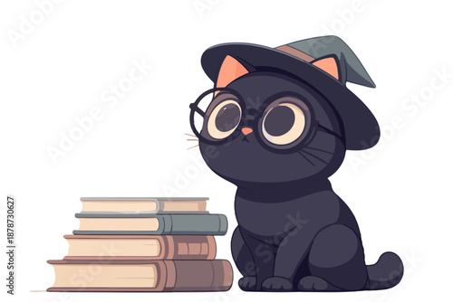 안경과 마법사 모자를 쓴 귀여운 검은 고양이가 책 더미 옆에 앉아 있는 모습