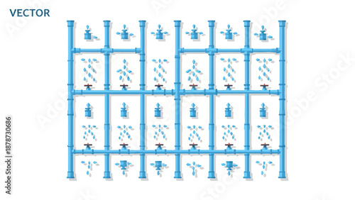 Blue pipe system with water droplets and valves