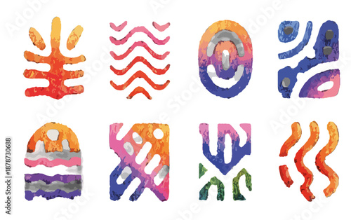 다채로운 추상적 수채화 패턴 8종 모음, 흰색 배경 위에 투명하게 배치된 독특한 디자인 요소