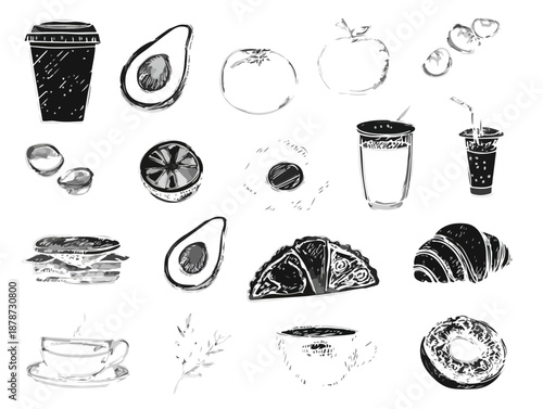 다양한 아침 식사 메뉴와 음료를 손으로 그린 일러스트, 투명한 배경에 신선한 음식과 음료 아이콘 모음