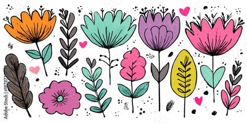 다채로운 색상의 귀여운 꽃과 잎사귀 일러스트, 투명 배경에 그려진 추상적인 식물 디자인